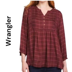 Wrangler | Women's Plaid Top Blouse 3/4 Sleeve | Brownish/Burgundy Pink | Medium